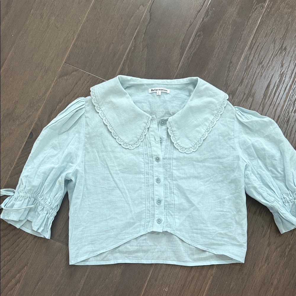 Reformation Light Blue Blouse with Peter Pan Collar